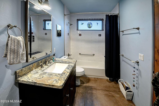 full bathroom featuring vanity, shower / bath combination with curtain, and toilet