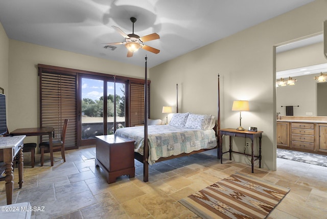 bedroom with ceiling fan with notable chandelier and access to exterior