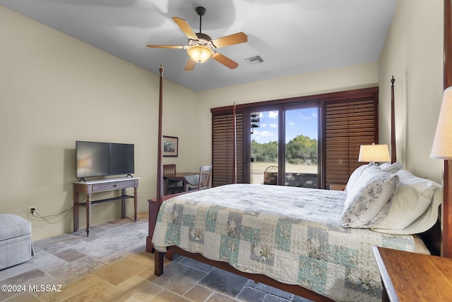 bedroom with access to exterior and ceiling fan