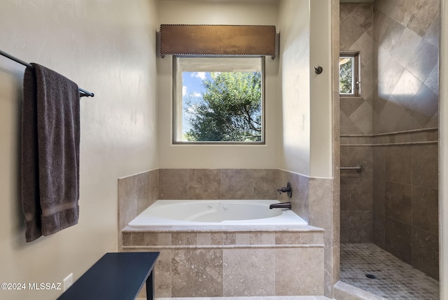 bathroom with plus walk in shower and a wealth of natural light