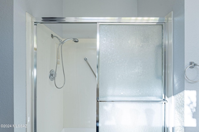 bathroom featuring a shower with shower door