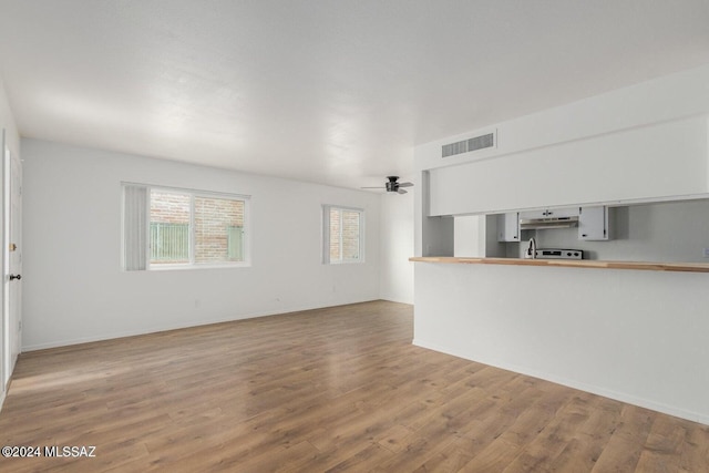 unfurnished living room with light hardwood / wood-style flooring and ceiling fan