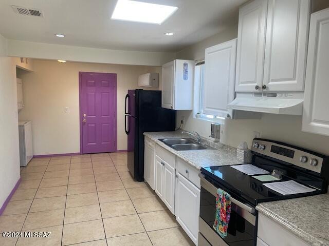 kitchen featuring white cabinetry, stainless steel electric range oven, and sink