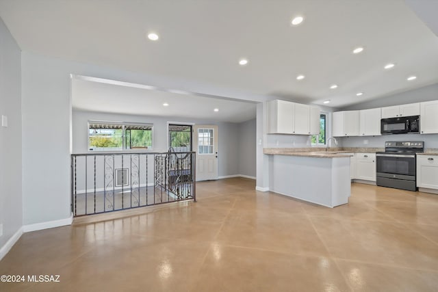 kitchen featuring light stone countertops, kitchen peninsula, lofted ceiling, stainless steel electric range, and white cabinets