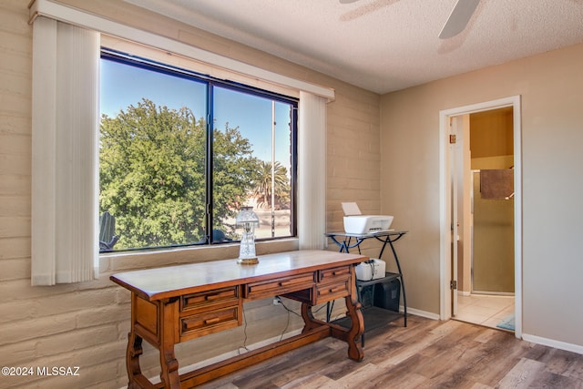 home office with ceiling fan, light wood-type flooring, and a textured ceiling