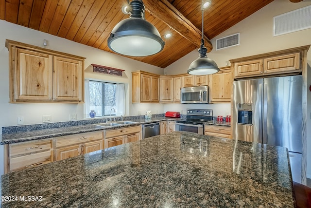 kitchen featuring appliances with stainless steel finishes, wood ceiling, sink, lofted ceiling with beams, and hanging light fixtures