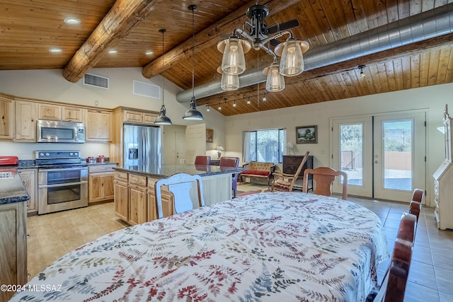 dining room with lofted ceiling with beams, french doors, light tile patterned flooring, and wood ceiling