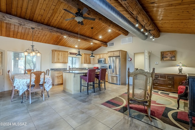 interior space with wood ceiling, stainless steel appliances, beam ceiling, a kitchen island, and hanging light fixtures