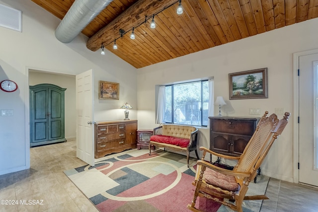 living area featuring wooden ceiling, high vaulted ceiling, track lighting, light tile patterned floors, and beamed ceiling