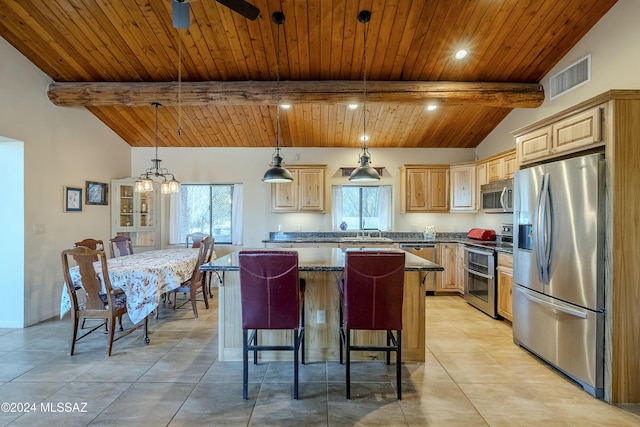 kitchen with a center island, hanging light fixtures, vaulted ceiling with beams, wood ceiling, and stainless steel appliances