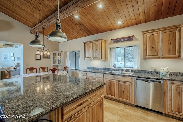 kitchen with wooden ceiling, dark stone counters, sink, hanging light fixtures, and stainless steel dishwasher