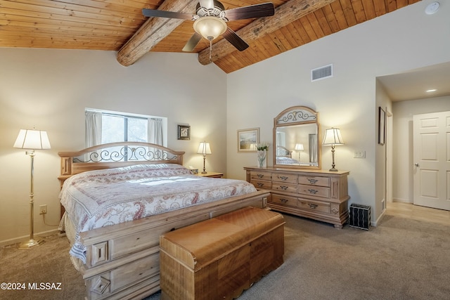 bedroom with ceiling fan, carpet, wood ceiling, and high vaulted ceiling