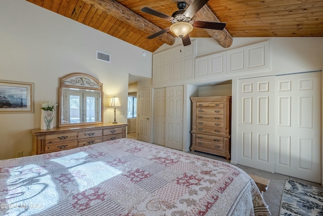 unfurnished bedroom with carpet, ceiling fan, beam ceiling, wood ceiling, and multiple closets