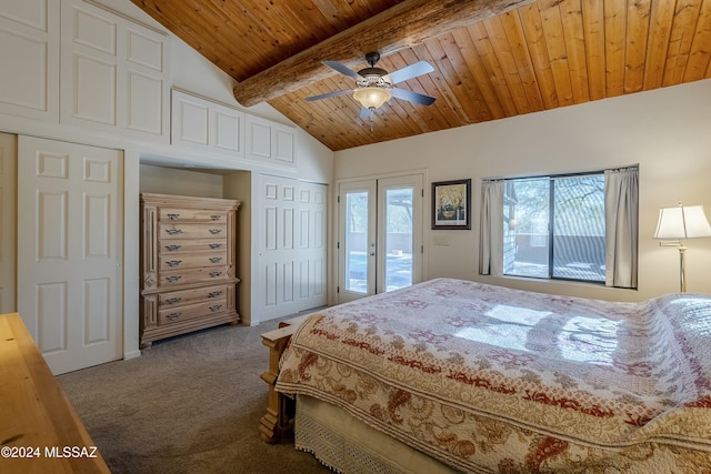 carpeted bedroom with multiple windows, ceiling fan, vaulted ceiling with beams, and access to exterior