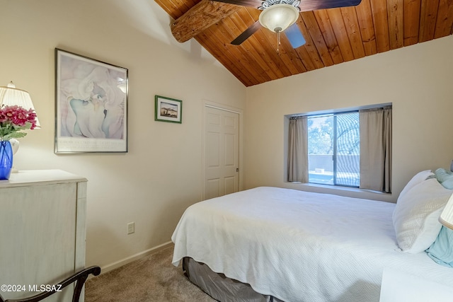 bedroom with wooden ceiling, carpet, lofted ceiling with beams, and ceiling fan