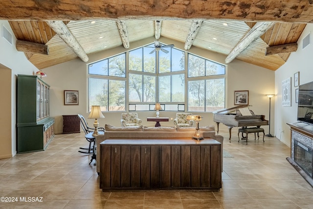 living room featuring beamed ceiling, ceiling fan, wooden ceiling, and a fireplace