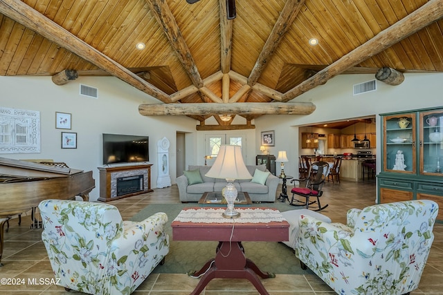 living room featuring beam ceiling, wooden ceiling, a fireplace, and high vaulted ceiling