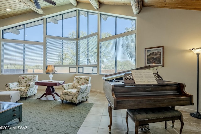 misc room featuring vaulted ceiling with beams, light tile patterned floors, and wooden ceiling