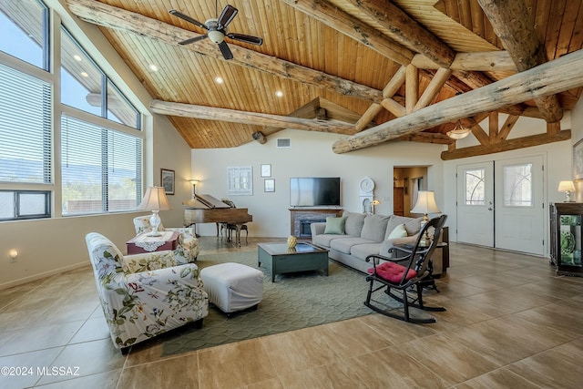 tiled living room featuring ceiling fan, wooden ceiling, beamed ceiling, high vaulted ceiling, and a fireplace