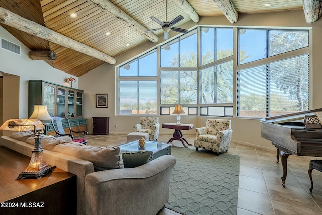 living room with beam ceiling, ceiling fan, high vaulted ceiling, light tile patterned floors, and wood ceiling