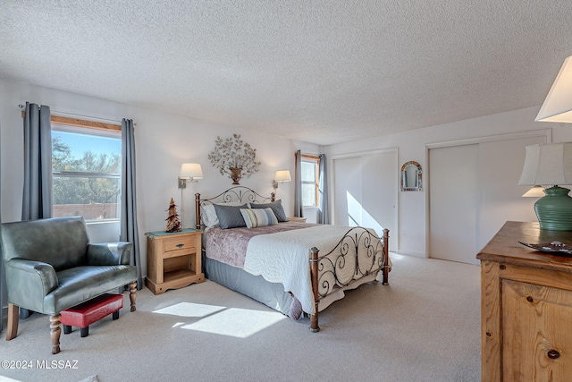 carpeted bedroom with multiple closets, multiple windows, and a textured ceiling