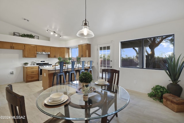 dining area with track lighting and lofted ceiling