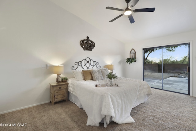 bedroom featuring access to exterior, ceiling fan, carpet floors, and high vaulted ceiling