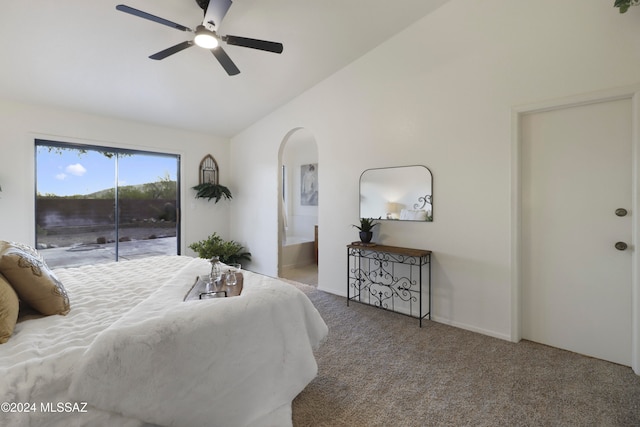 carpeted bedroom with ceiling fan, access to exterior, and lofted ceiling