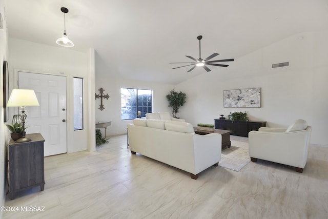 living room with vaulted ceiling and ceiling fan