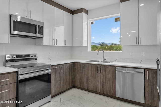 kitchen with white cabinets, appliances with stainless steel finishes, dark brown cabinets, and sink