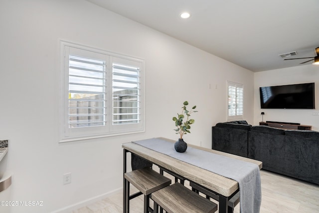 dining area with ceiling fan, recessed lighting, visible vents, baseboards, and light wood finished floors