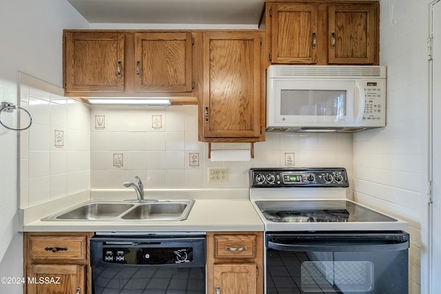 kitchen with decorative backsplash, sink, electric range oven, and black dishwasher