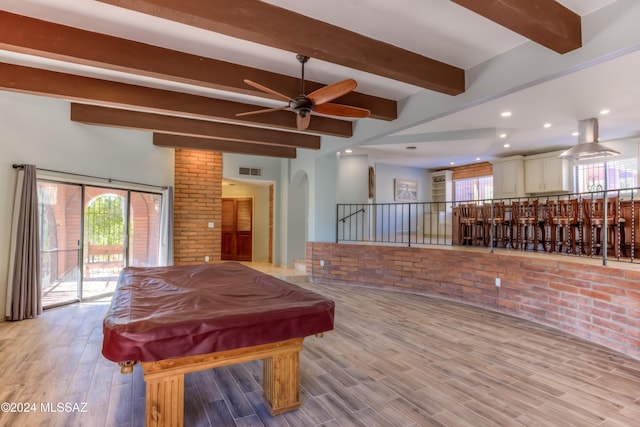 playroom with ceiling fan, pool table, light hardwood / wood-style flooring, and beam ceiling