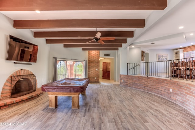 playroom featuring ceiling fan, pool table, wood-type flooring, and beamed ceiling