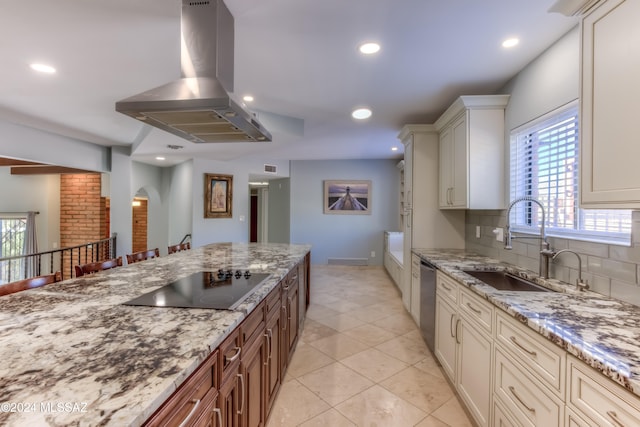 kitchen with tasteful backsplash, dishwasher, black electric stovetop, sink, and island range hood