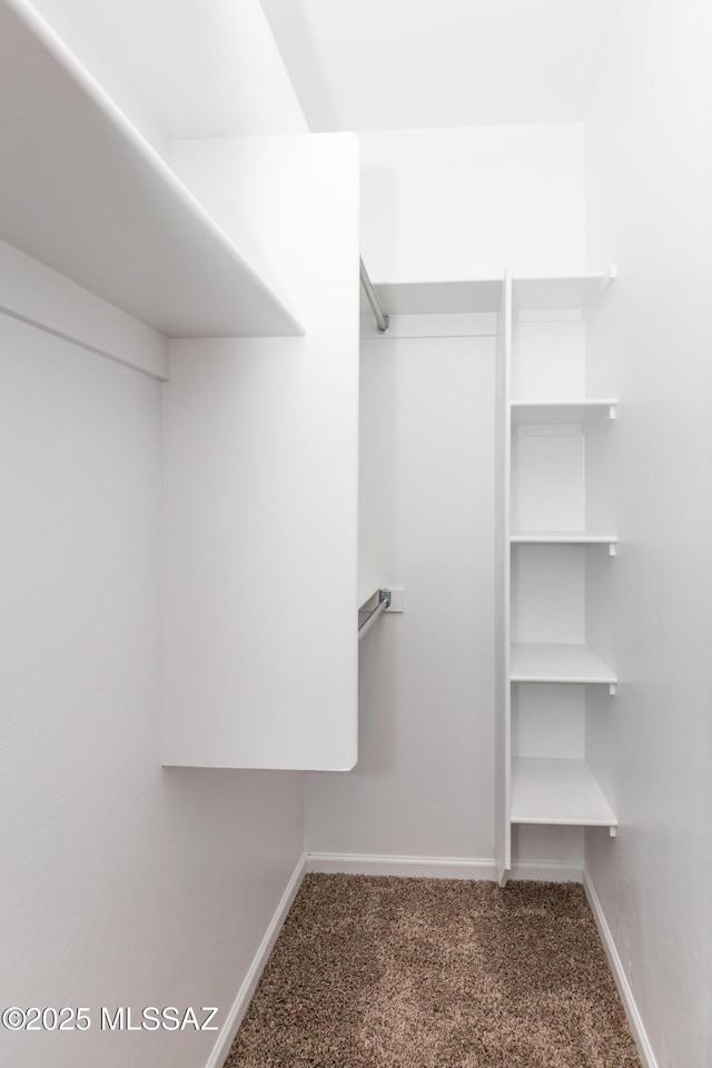 walk in closet with dark carpet