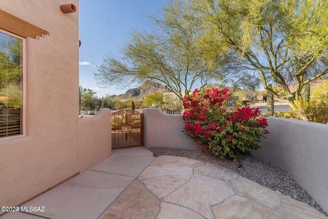 view of patio featuring a mountain view