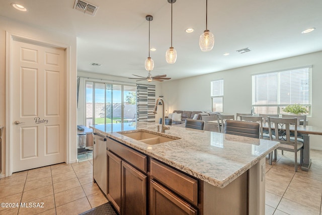 6551 E Via Arroyo Largo, Tucson, AZ 85756 - kitchen featuring a sink, light tile patterned flooring, stainless steel dishwasher, a ceiling fan, and recessed lighting