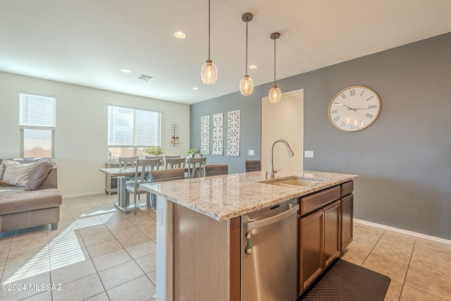 6551 E Via Arroyo Largo, Tucson, AZ 85756 - kitchen featuring a sink, dishwasher, open floor plan, light tile patterned floors, and recessed lighting