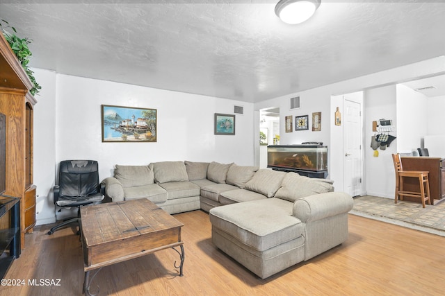 living room with wood-type flooring and a textured ceiling