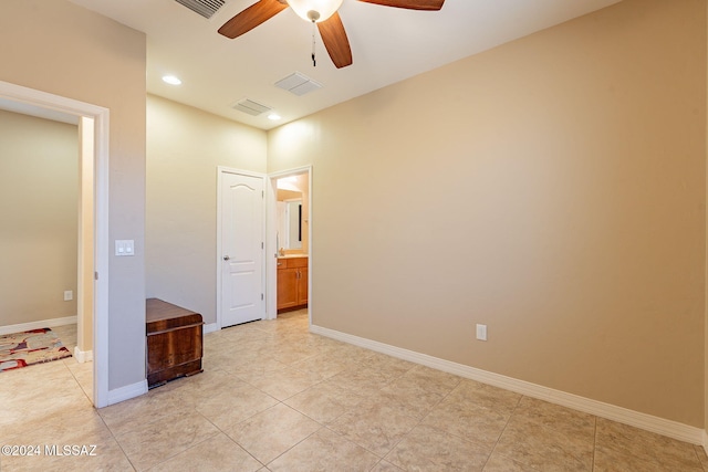 unfurnished bedroom with recessed lighting, visible vents, a ceiling fan, light tile patterned flooring, and baseboards