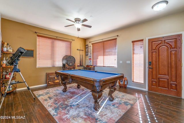 playroom featuring pool table, ceiling fan, baseboards, and wood finish floors