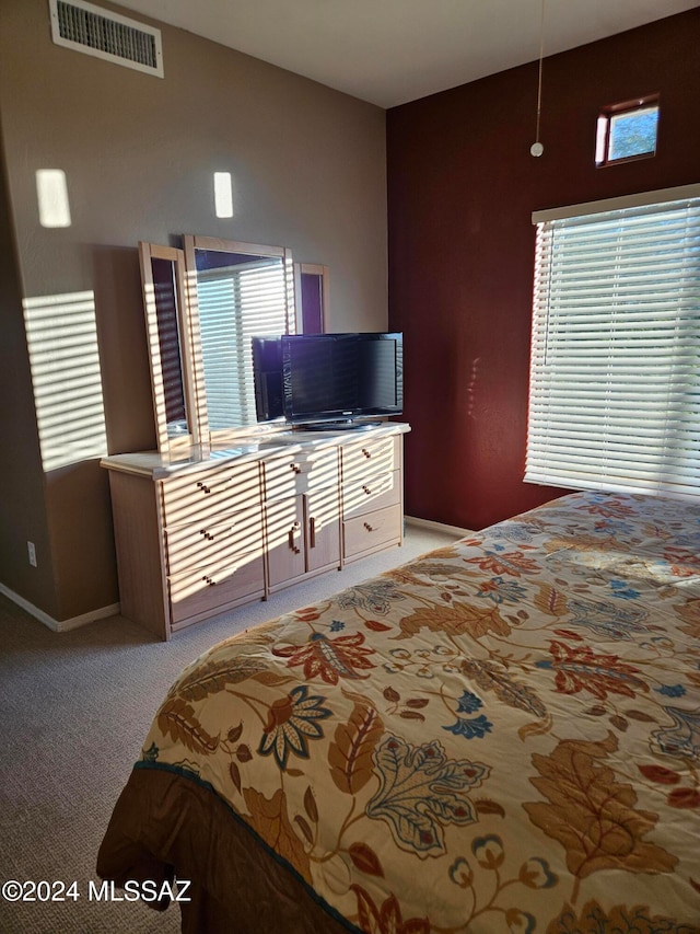 bedroom with multiple windows and light colored carpet