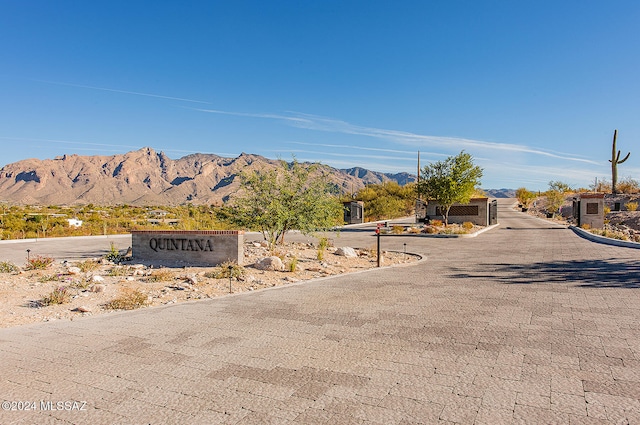 view of street featuring curbs, a mountain view, and a gated entry