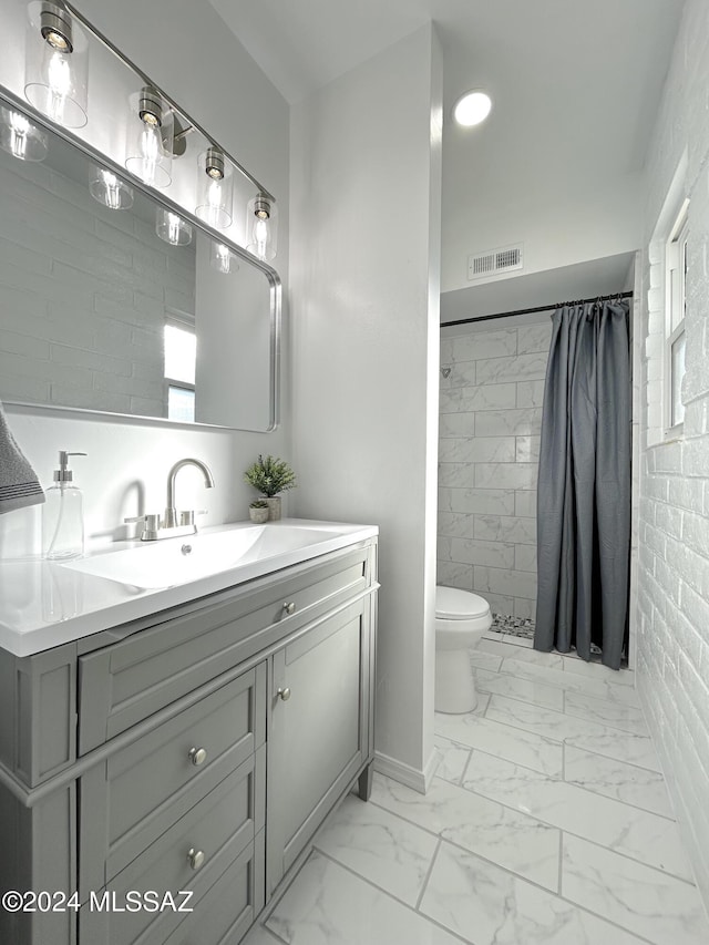 bathroom with vanity, toilet, and walk in shower