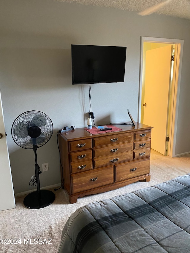 bedroom featuring light colored carpet and a textured ceiling