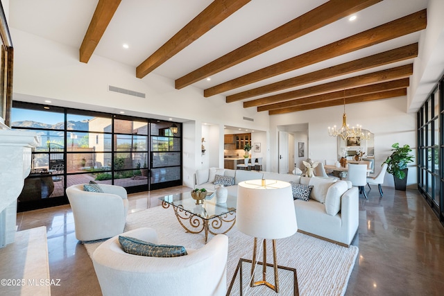 5200 N Camino Antonio, Tucson, AZ 85718 - living area with beam ceiling, a chandelier, visible vents, and concrete flooring