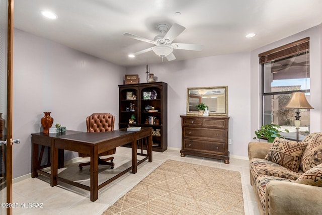 tiled home office with ceiling fan