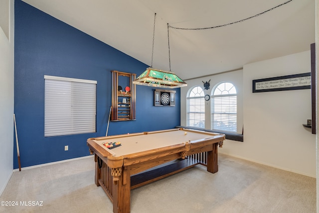 game room with light colored carpet, vaulted ceiling, and pool table