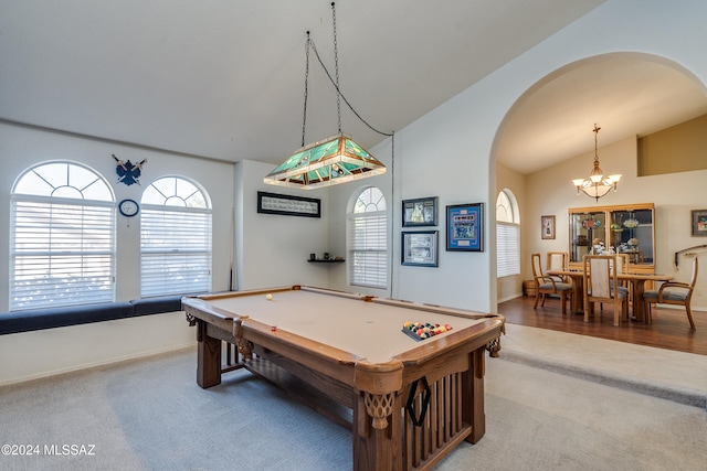 rec room featuring carpet flooring, an inviting chandelier, lofted ceiling, and billiards